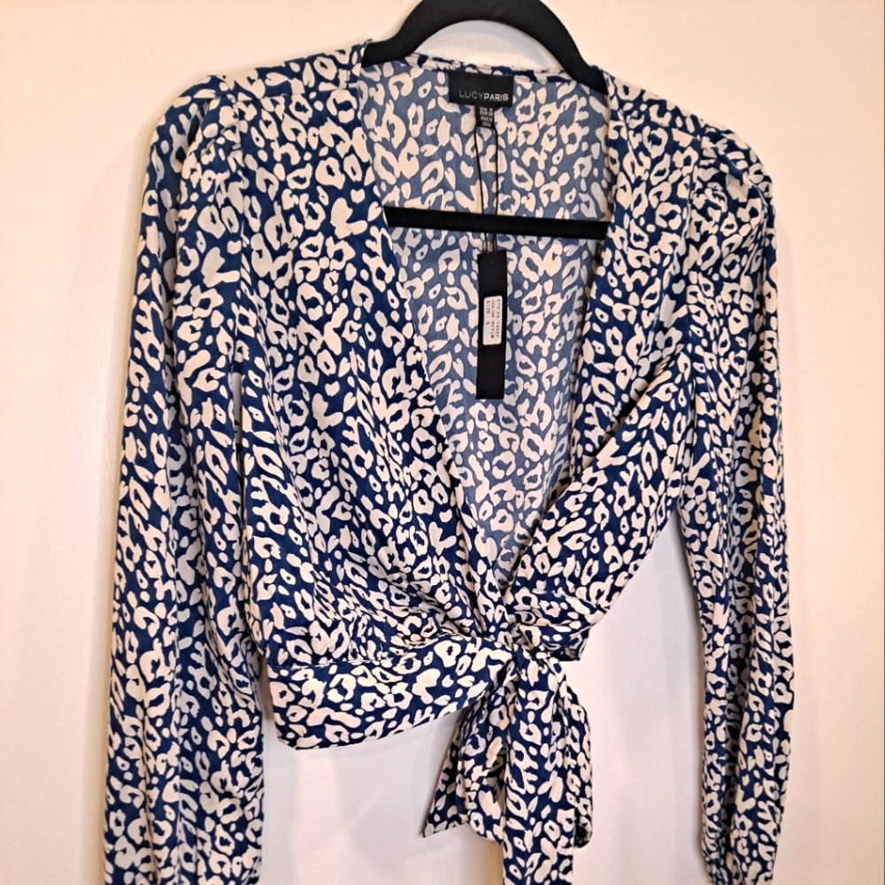Lucy Paris blue and white leopard wrap tie shirt